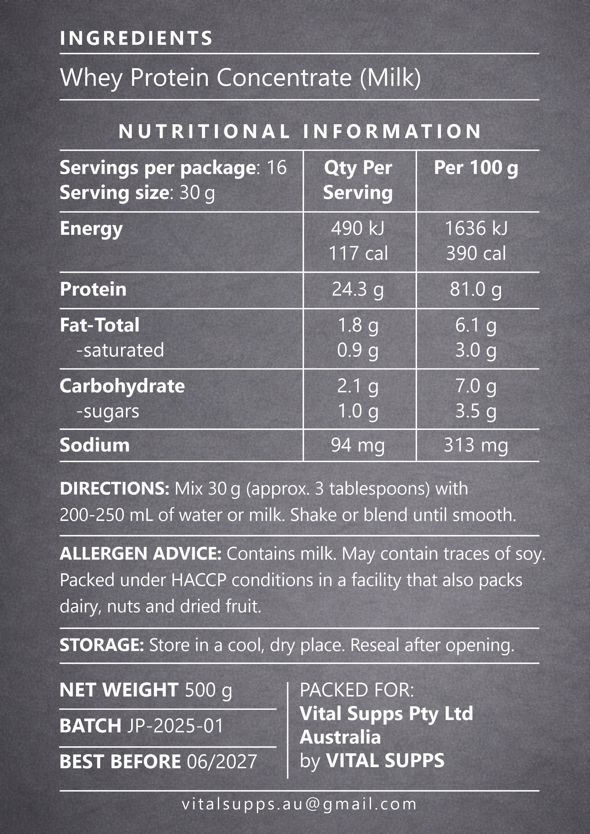 Just Pure Protein – Whey Protein Concentrate (WPC) | Unflavoured | 500g / 1kg